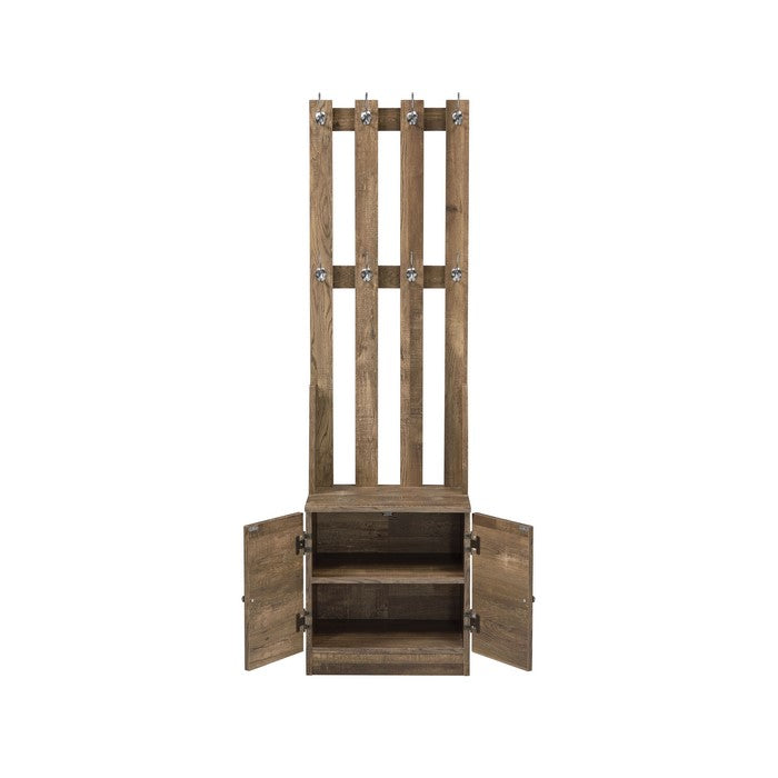Wooden Hall Tree with 8 Hooks and Bottom Compartment, Weathered Brown