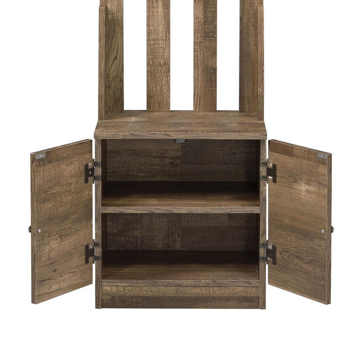 Wooden Hall Tree with 8 Hooks and Bottom Compartment, Weathered Brown