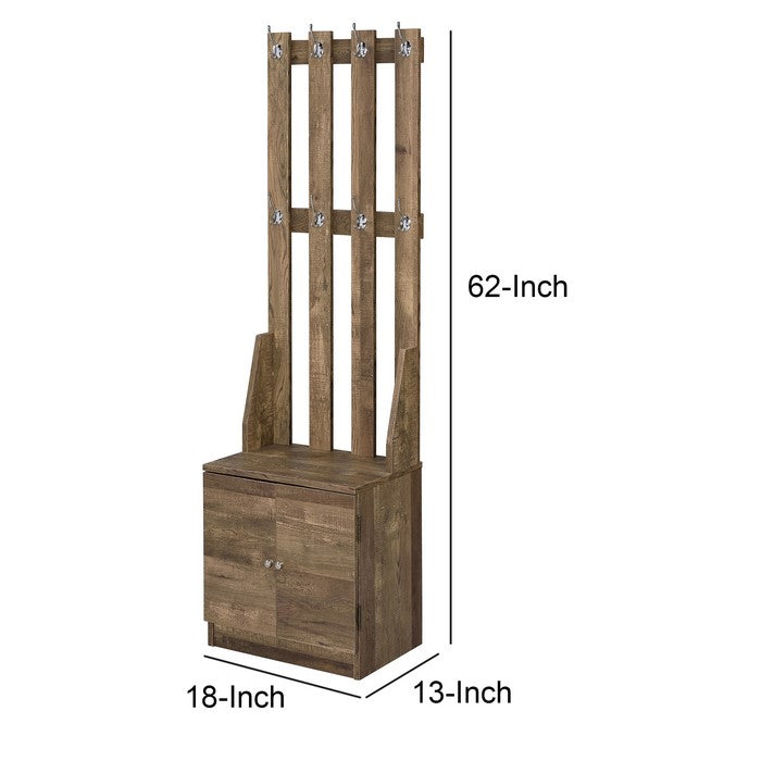 Wooden Hall Tree with 8 Hooks and Bottom Compartment, Weathered Brown