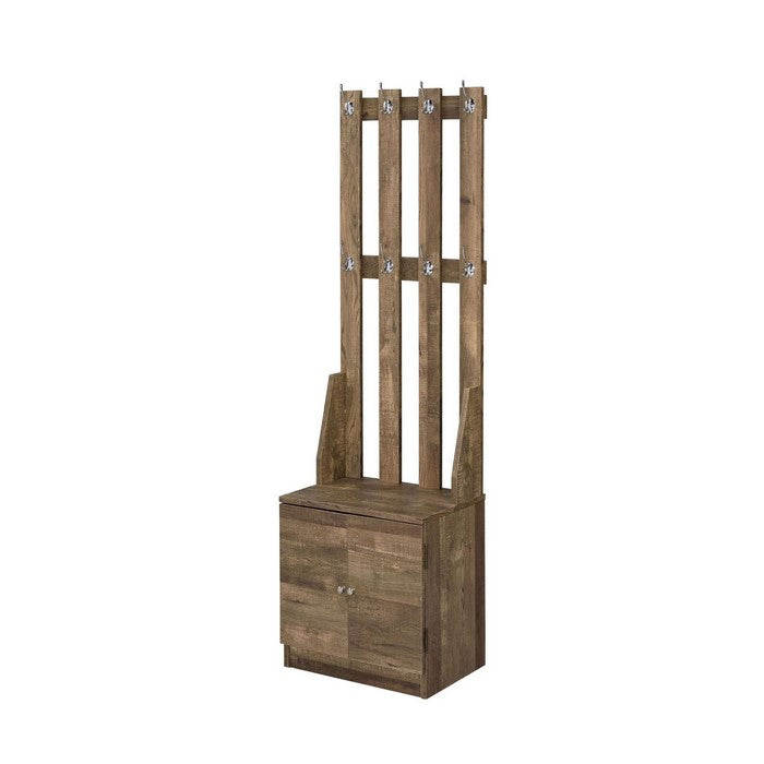 Wooden Hall Tree with 8 Hooks and Bottom Compartment, Weathered Brown