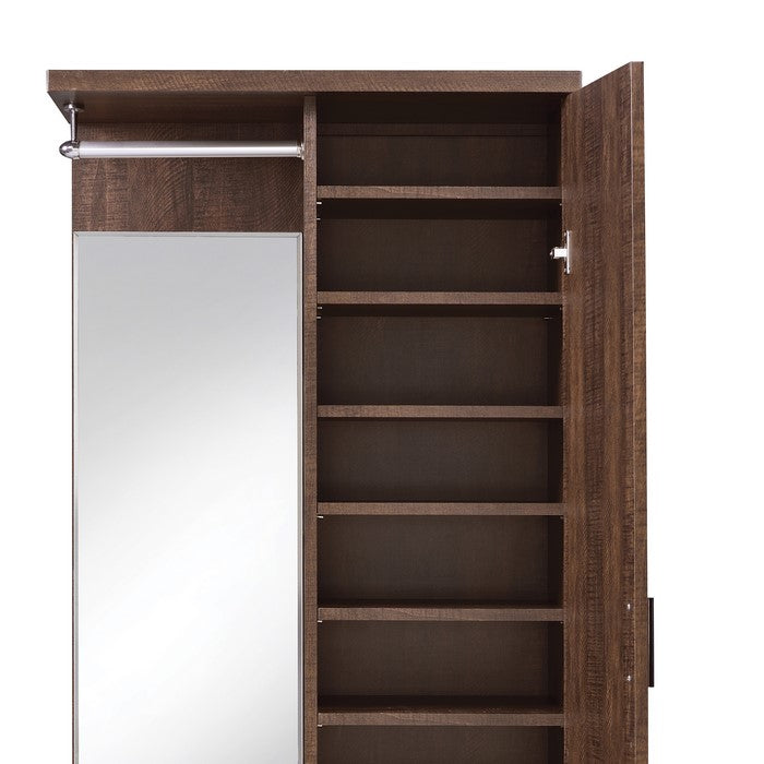 Mirrored Wooden Hall Tree with 1 Door and 1 Drawer, Brown and Silver