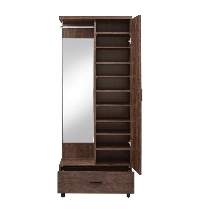Mirrored Wooden Hall Tree with 1 Door and 1 Drawer, Brown and Silver