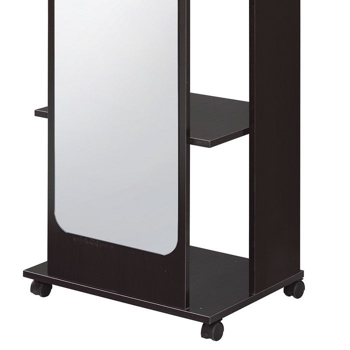 Mirror and Wood Hall Tree with Hanging Rod and Casters, Brown and Silver