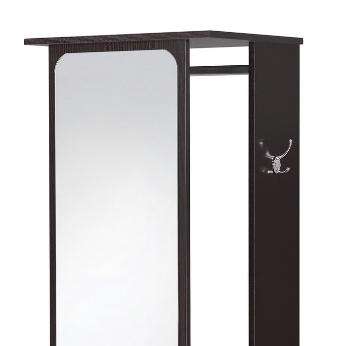 Mirror and Wood Hall Tree with Hanging Rod and Casters, Brown and Silver
