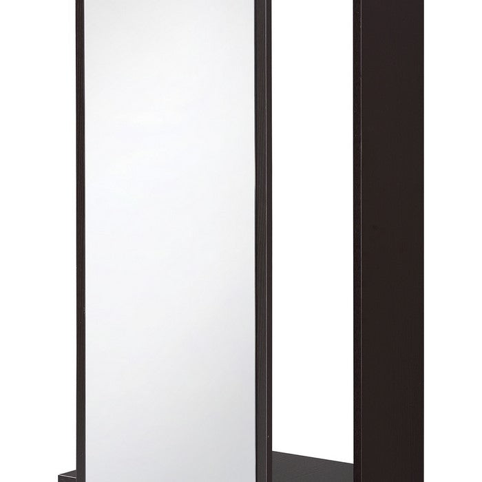 Mirror and Wood Hall Tree with Hanging Rod and Casters, Brown and Silver