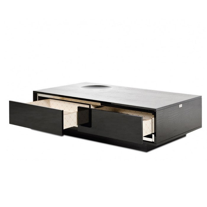 Wooden Coffee Table with 2 Drawers and Textured Details, Black