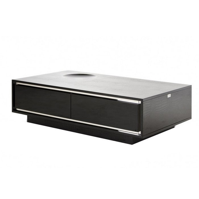 Wooden Coffee Table with 2 Drawers and Textured Details, Black