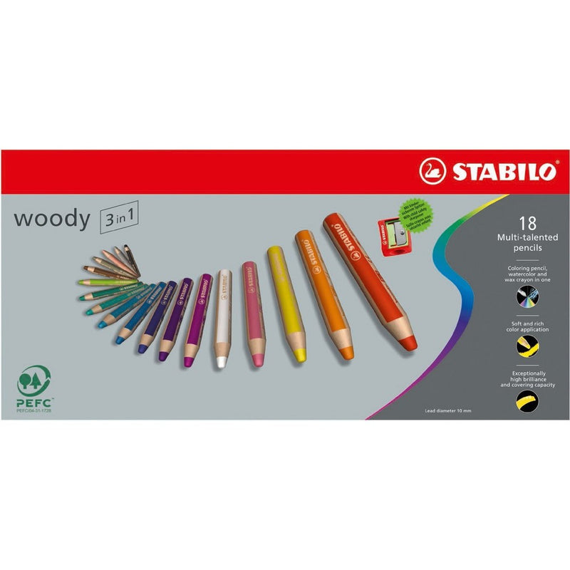 Stabilo Woody 3-in-1 Colored Pencils, 10 mm lead - 18-Color with Sharpener Set