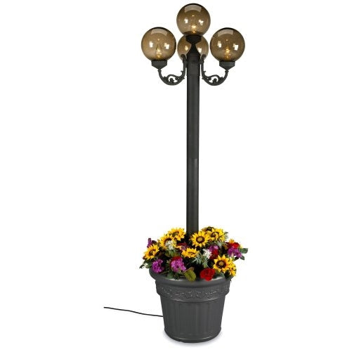 European 00490 Patio Lamp Black Body With Four Bronze Globes and Planter 80-inches Tall
