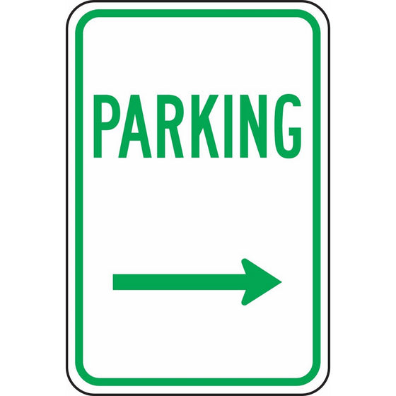 Accuform Signs FRP226RA Engineer-Grade Reflective Aluminum Parking Sign, Legend PARKING (ARROW RIGHT), 18" Length x 12" Width x 0.080" Thickness, Green on White