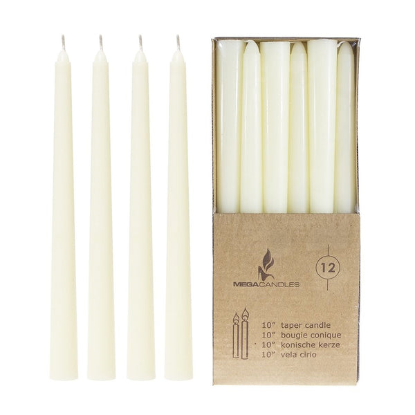 Mega Candles - Unscented 10" Taper Candles - Ivory, Set of 12