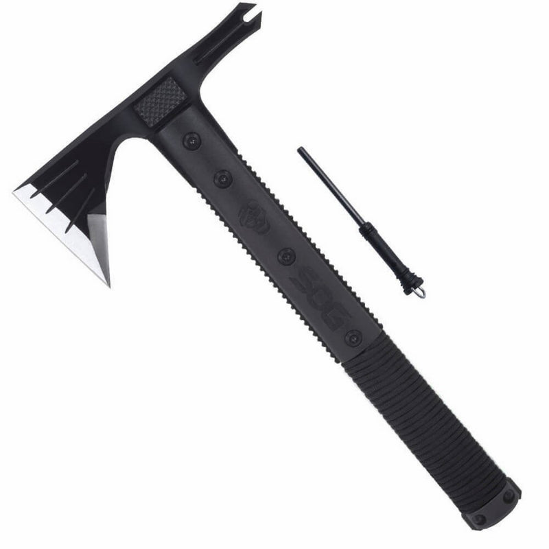 SOG Survival Hawk SK1001-CP - Hardcased Black Axe Head w/Nail Puller, Hammering Head, Fire Starter, GRN Handle, Nylon Sheath