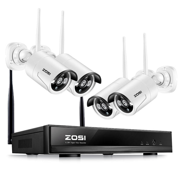 ZOSI 4CH 1080P HD WiFi NVR with (4) 1.0MP 720P HD Wireless Outdoor Indoor Home Security Camera System Support Smartphone Remote View NO Hard Drive, 100' Night Vision