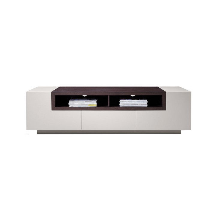 Wooden TV Stand with 5 Drawers and 2 Open Compartments, White and Brown