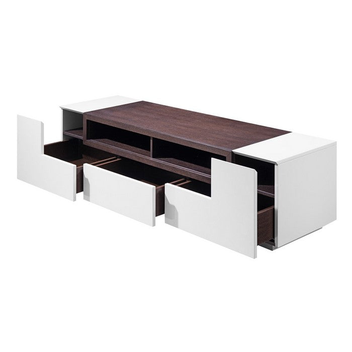 Wooden TV Stand with 5 Drawers and 2 Open Compartments, White and Brown