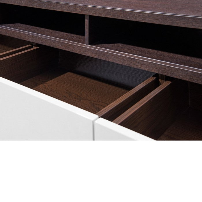 Wooden TV Stand with 5 Drawers and 2 Open Compartments, White and Brown