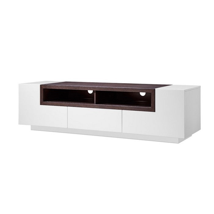 Wooden TV Stand with 5 Drawers and 2 Open Compartments, White and Brown