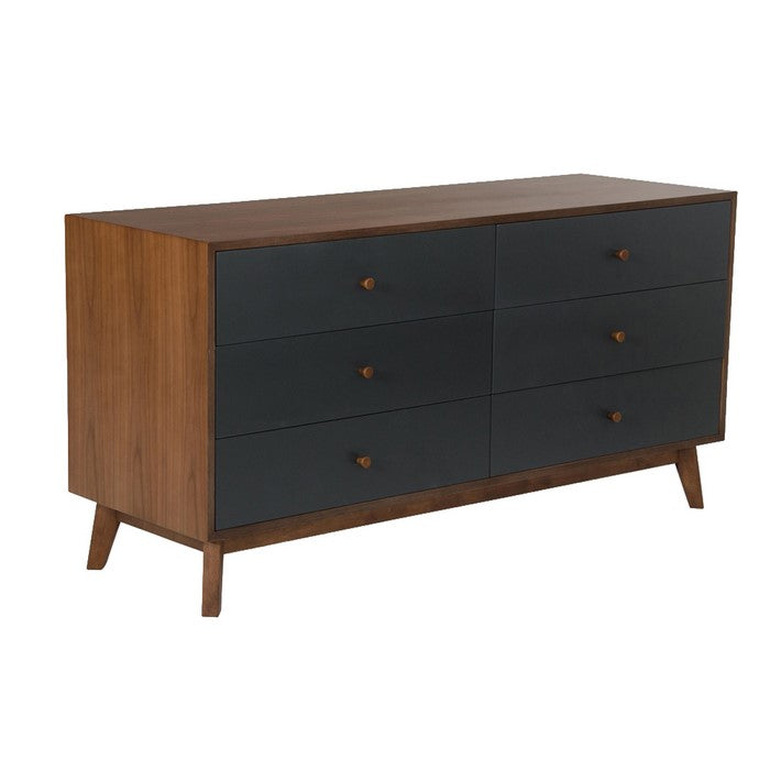 Wooden Dresser with 6 Drawers and Angled Tapered Legs, Gray and Brown