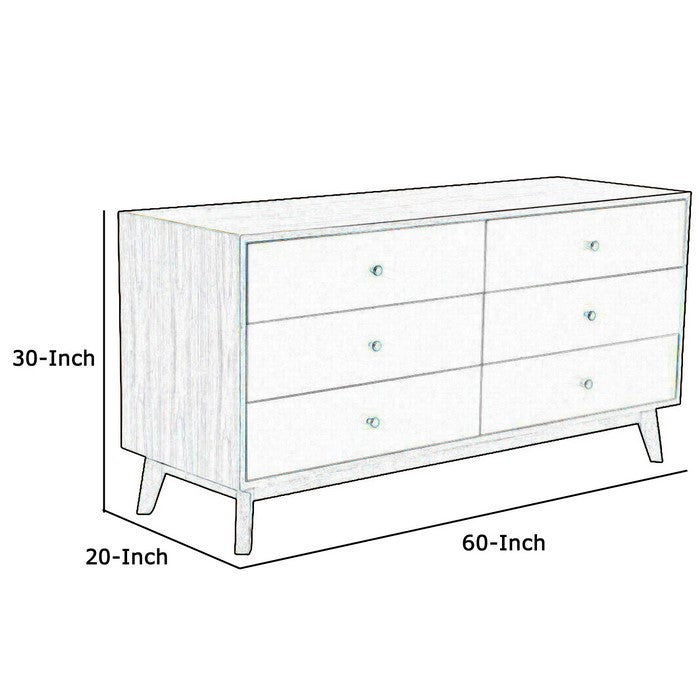 Wooden Dresser with 6 Drawers and Angled Tapered Legs, Gray and Brown