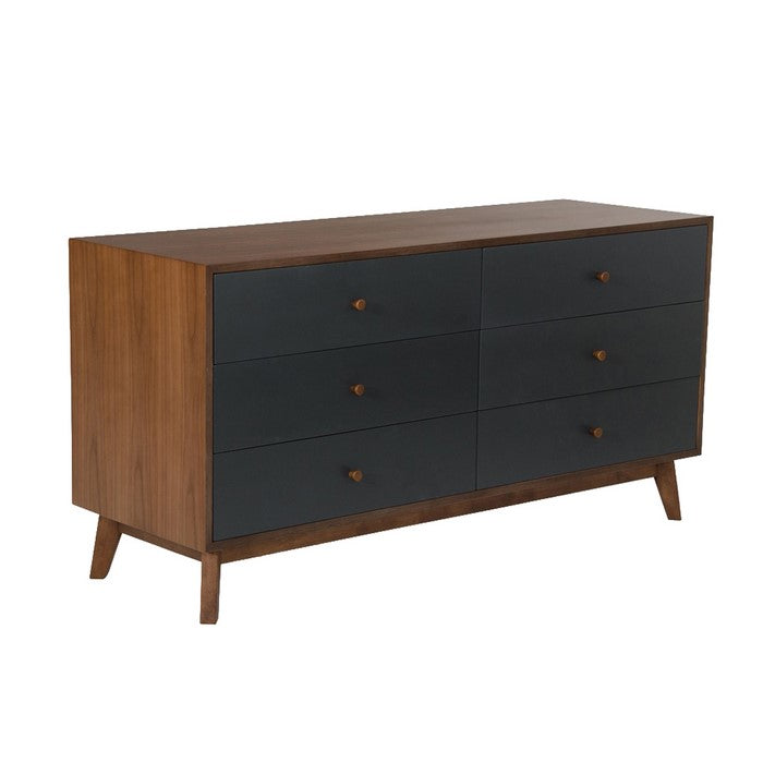 Wooden Dresser with 6 Drawers and Angled Tapered Legs, Gray and Brown