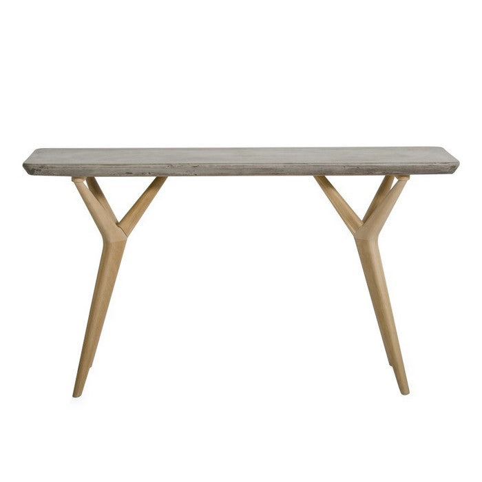 Concrete Top Console Table with Angled Y Shaped Wooden Legs, Brown and Gray