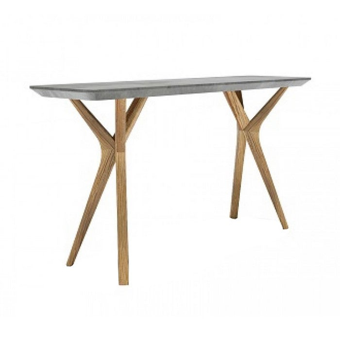 Concrete Top Console Table with Angled Y Shaped Wooden Legs, Brown and Gray