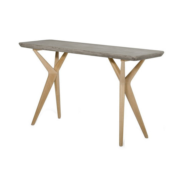 Concrete Top Console Table with Angled Y Shaped Wooden Legs, Brown and Gray