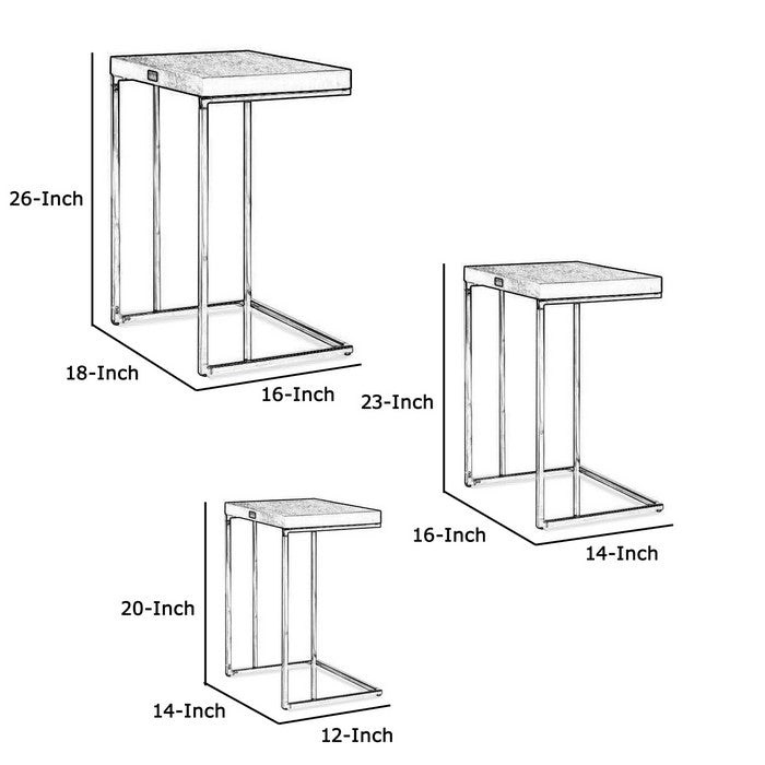 Textured Wooden Top End Table with Metal Base,Set of 3,White and Silver
