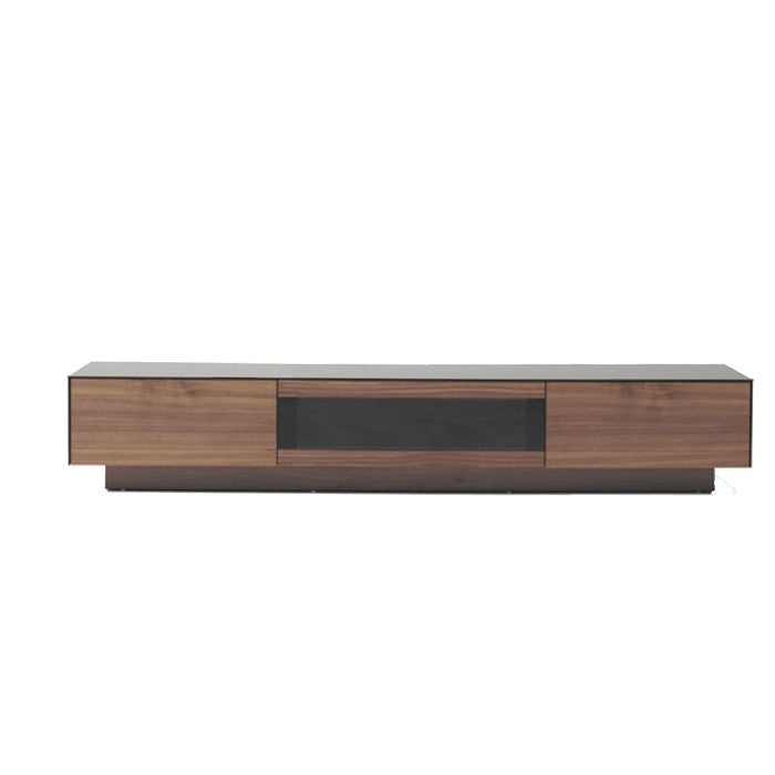 Wooden TV Stand with 3 Drawers and Glass Top, Brown and Black