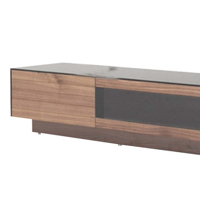 Wooden TV Stand with 3 Drawers and Glass Top, Brown and Black