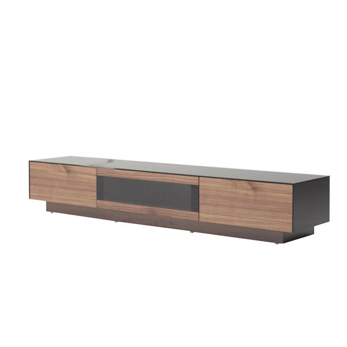 Wooden TV Stand with 3 Drawers and Glass Top, Brown and Black