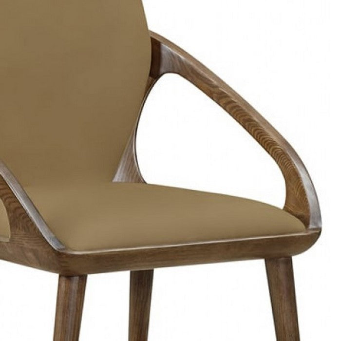 Leatherette Upholstered Dining Chair with Wooden Armrests ,Set of 2, Brown