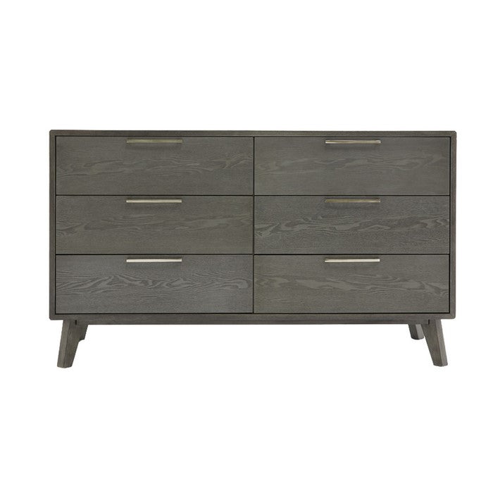 Wooden Dresser with 6 Drawers and Metal Bar Handles, Gray