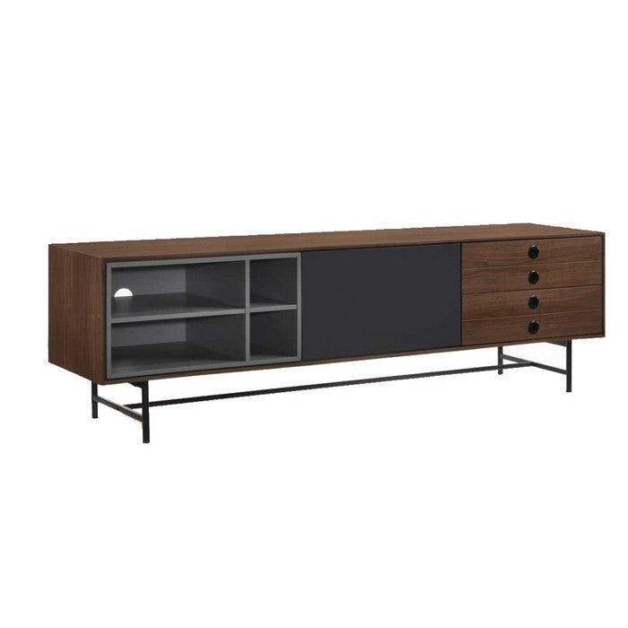 Wooden TV Stand with 4 Compartments and  2 Drawers, Brown and Gray