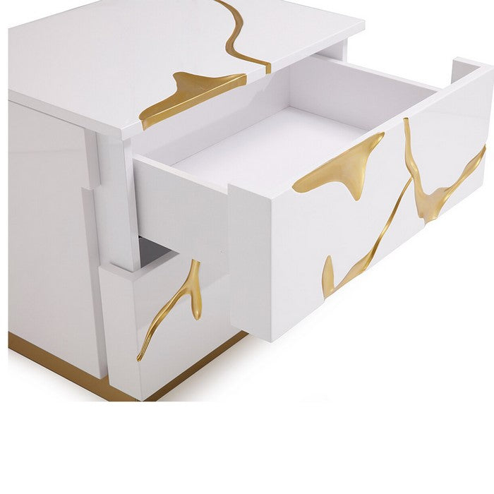 Wooden Nightstand with 2 Drawers and Gold Painted Accents, White and Gold