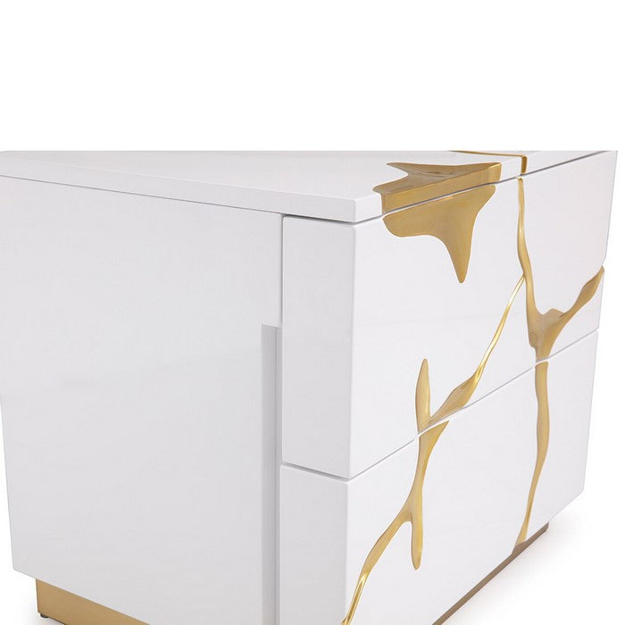 Wooden Nightstand with 2 Drawers and Gold Painted Accents, White and Gold