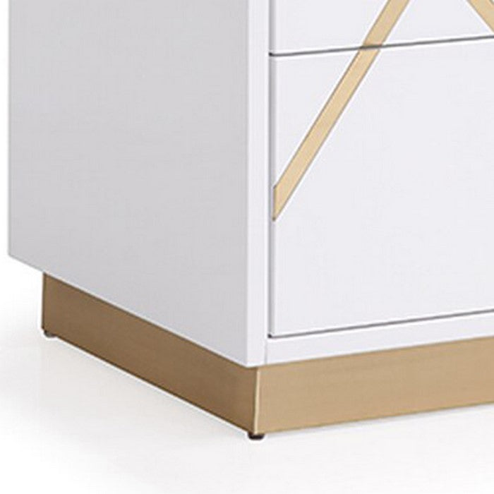 Wooden Nightstand with 2 Drawers and Gold Painted Accents, White and Gold