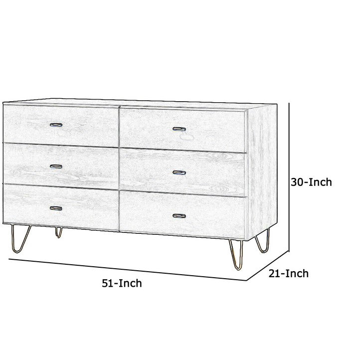 Wooden Dresser with 6 Drawers and Metal Hairpin Legs, Gray and Gold