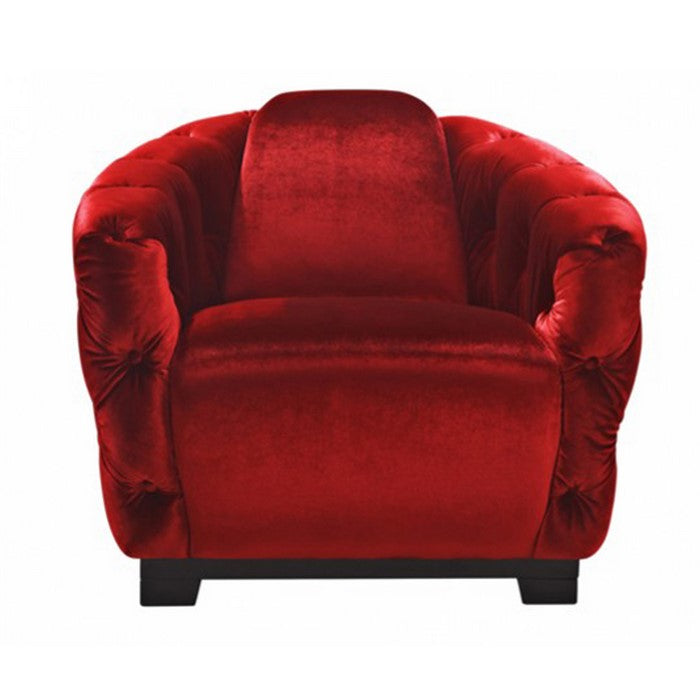 Velvet Upholstered Lounge Chair with Button Tufting, Red