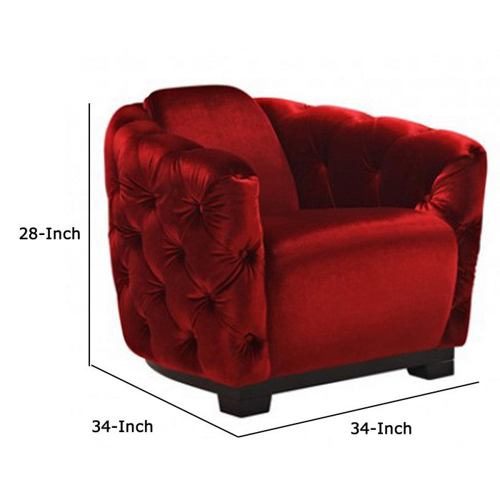 Velvet Upholstered Lounge Chair with Button Tufting, Red