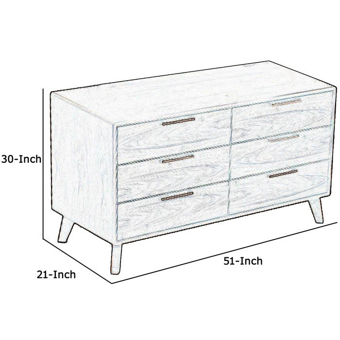 Wooden Dresser with 6 Drawers and Metal Bar Handles, Brown
