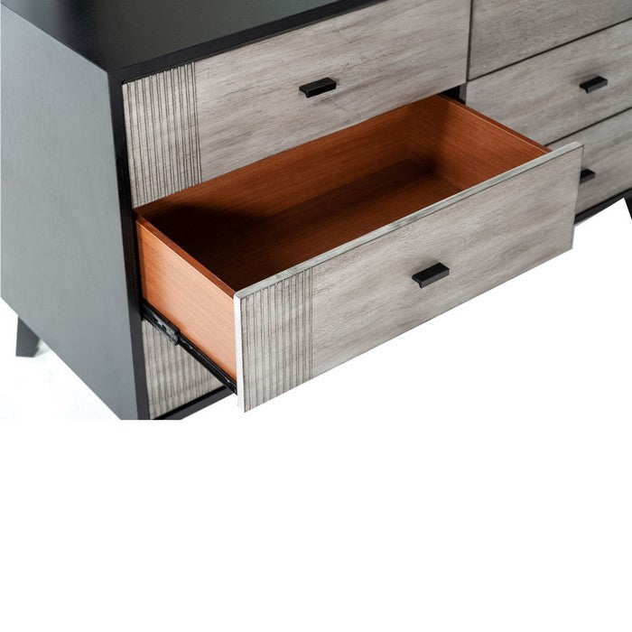 Wooden Dresser with 6 Drawers and Metal Bar Handles, Gray and Black