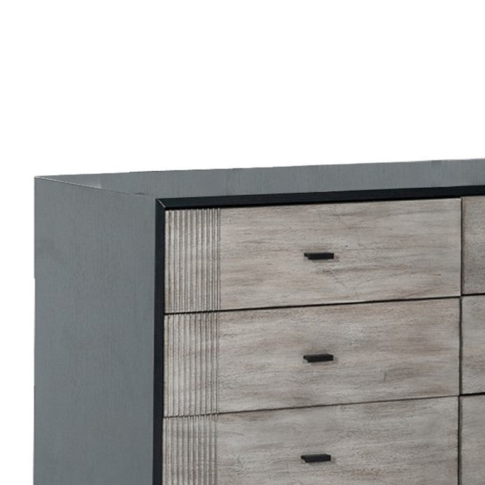 Wooden Dresser with 6 Drawers and Metal Bar Handles, Gray and Black