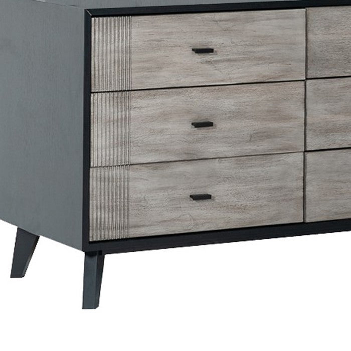 Wooden Dresser with 6 Drawers and Metal Bar Handles, Gray and Black