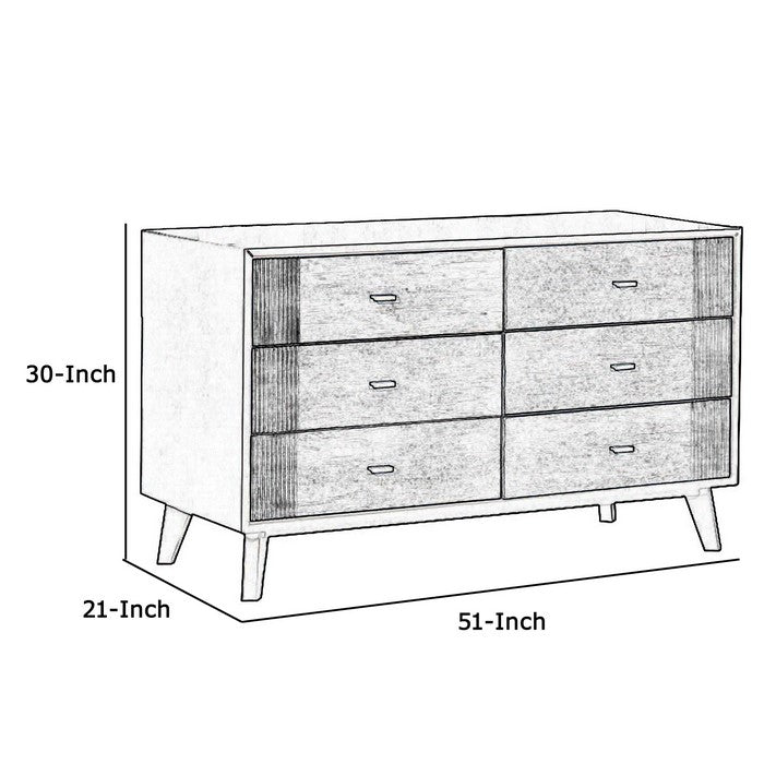 Wooden Dresser with 6 Drawers and Metal Bar Handles, Gray and Black