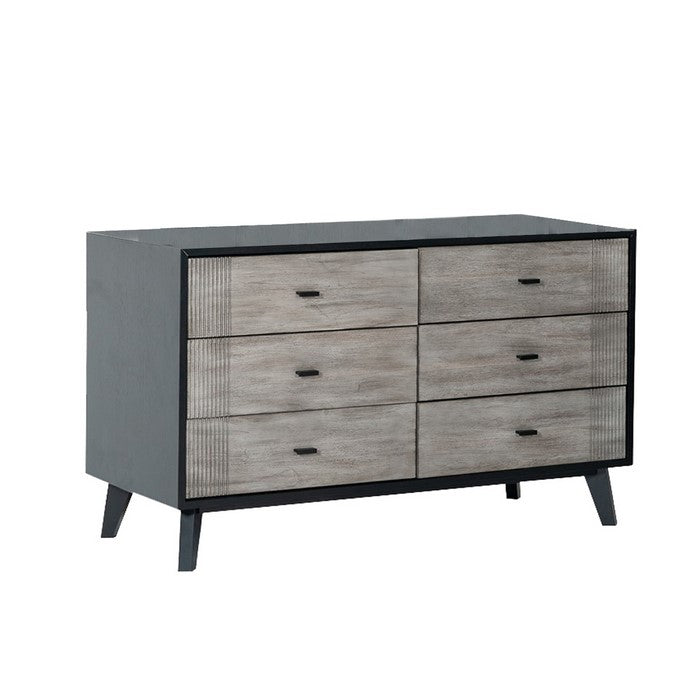 Wooden Dresser with 6 Drawers and Metal Bar Handles, Gray and Black
