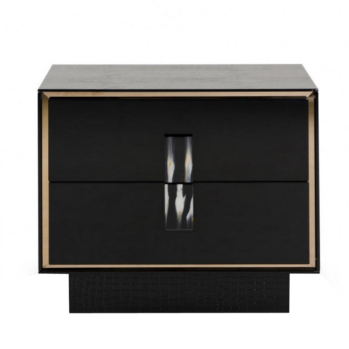 2 Drawer Wooden Nightstand with Textured Details and Metal Accents, Black