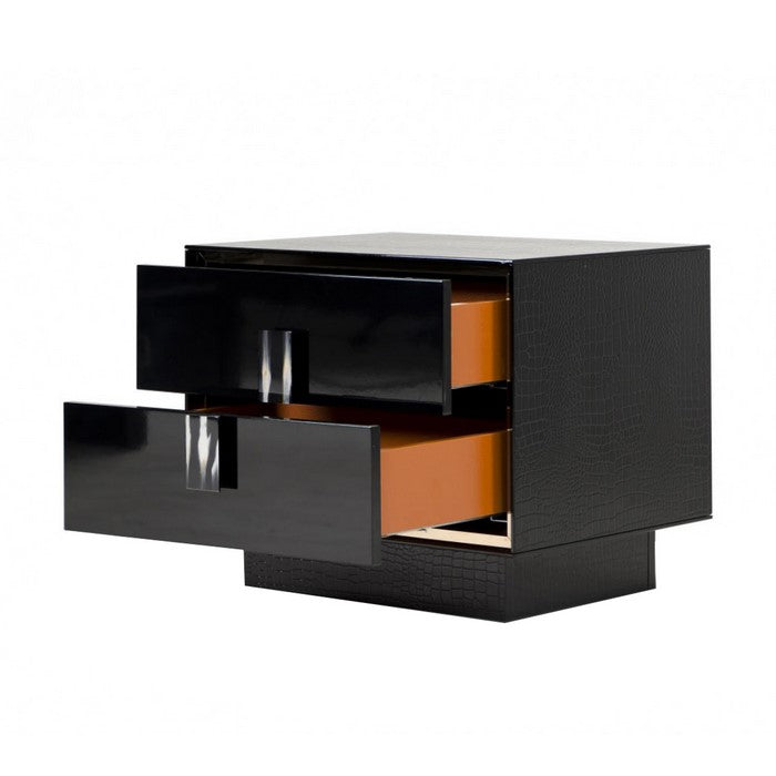2 Drawer Wooden Nightstand with Textured Details and Metal Accents, Black