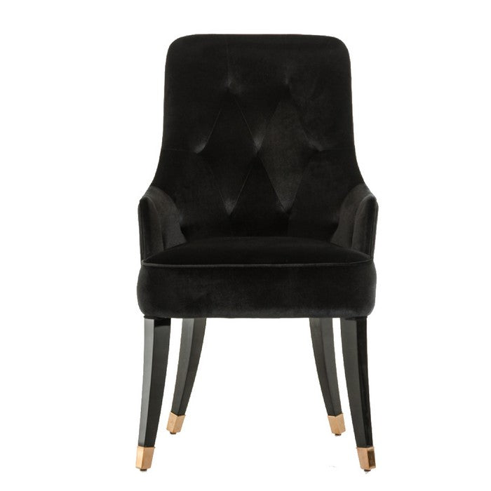 Velvet Upholstered Dining Chair with Tufted Backrest and Flared Legs, Black