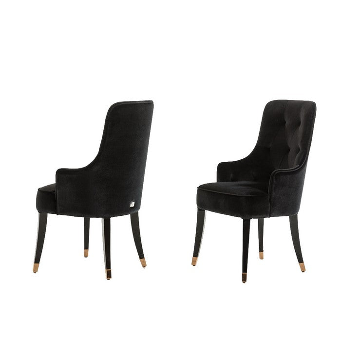 Velvet Upholstered Dining Chair with Tufted Backrest and Flared Legs, Black